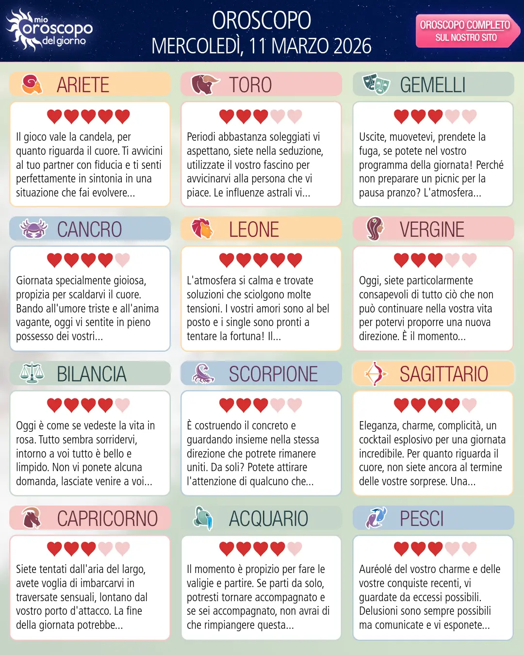 Oroscopo di mercoledì 11 marzo 2026