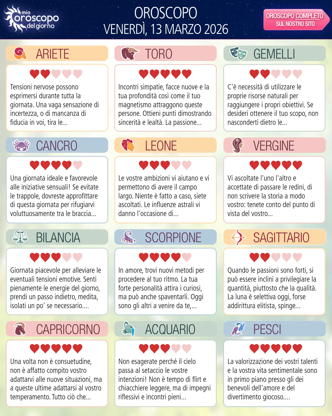 Oroscopo di venerdì 13 marzo 2026