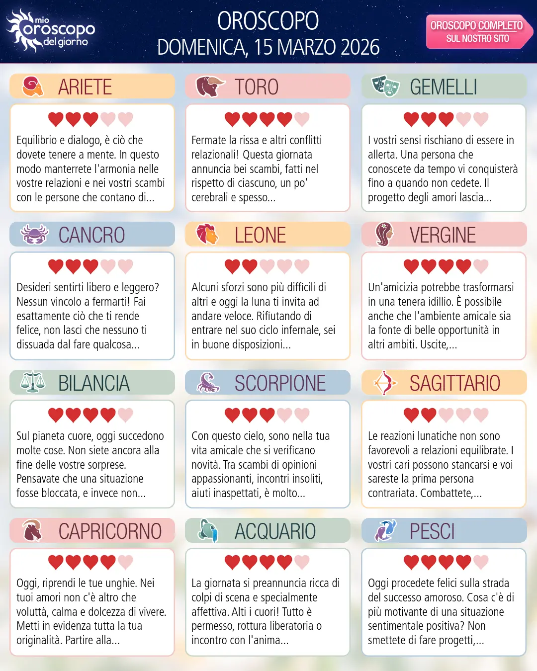 Oroscopo di domenica 15 marzo 2026