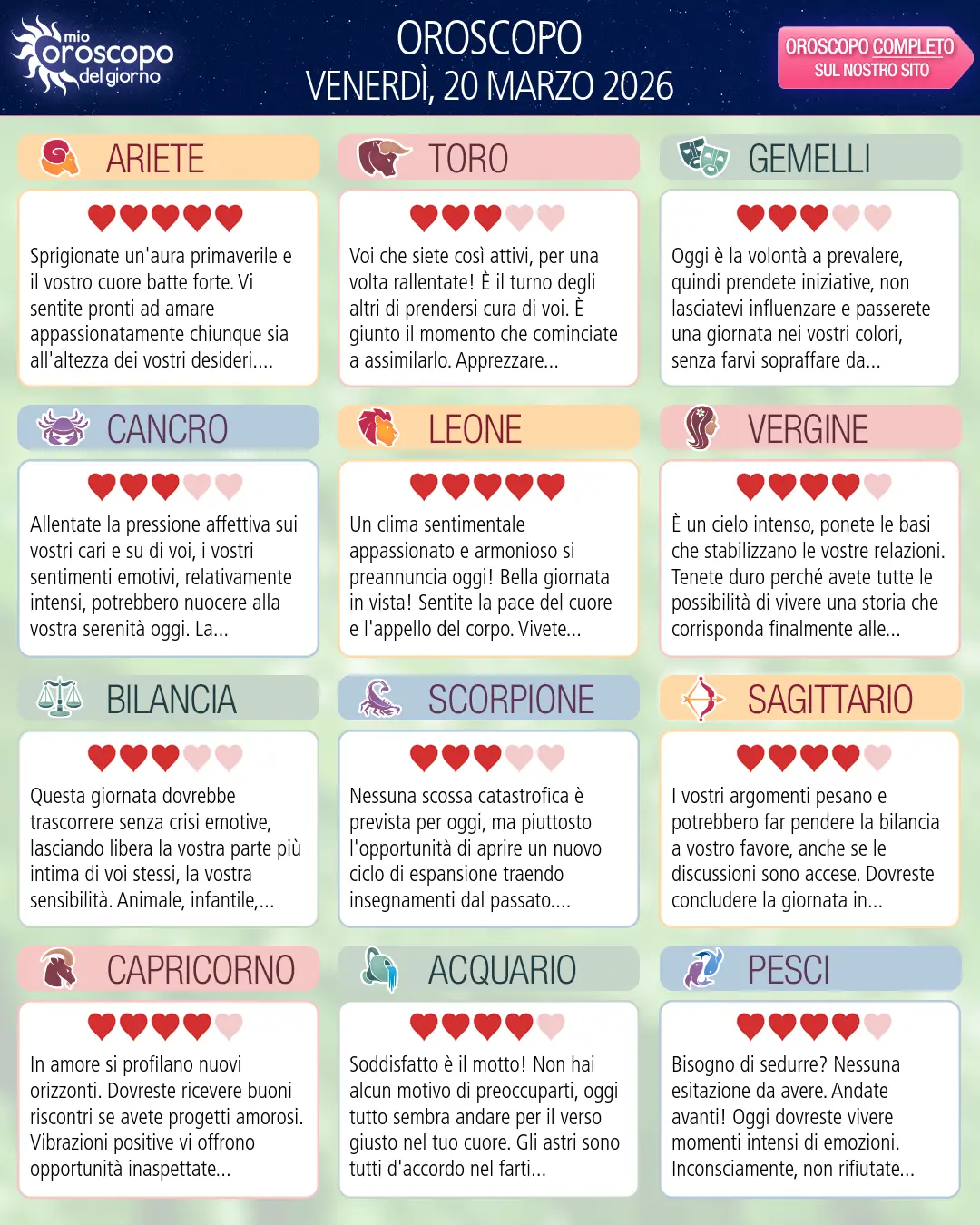 Oroscopo di venerdì 20 marzo 2026