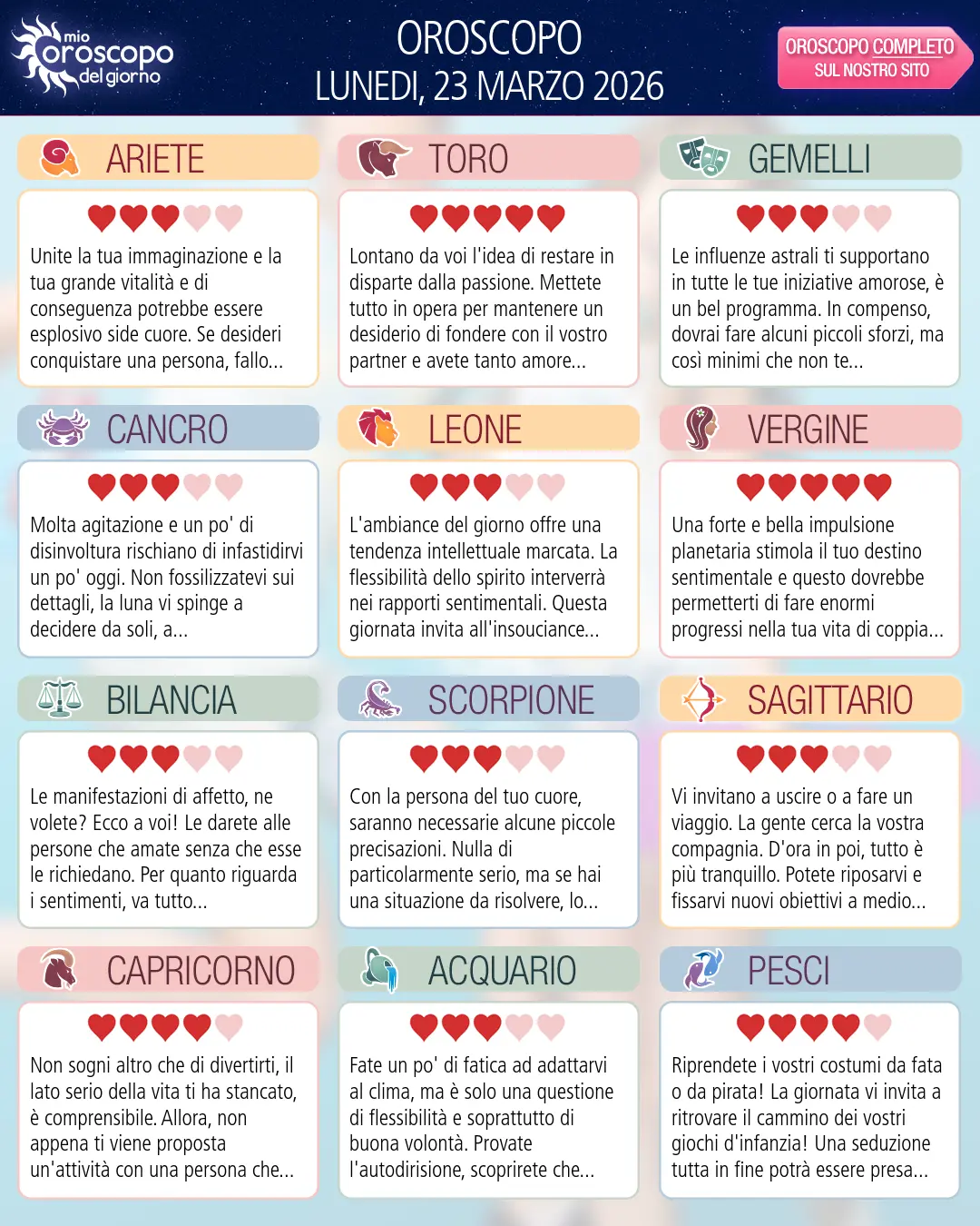 Oroscopo di lunedi 23 marzo 2026