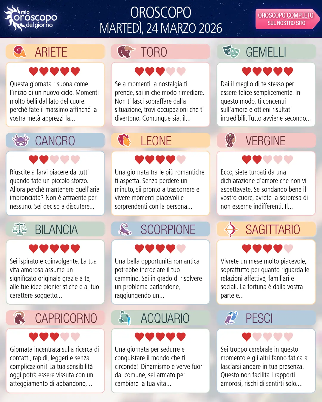 Oroscopo di martedì 24 marzo 2026