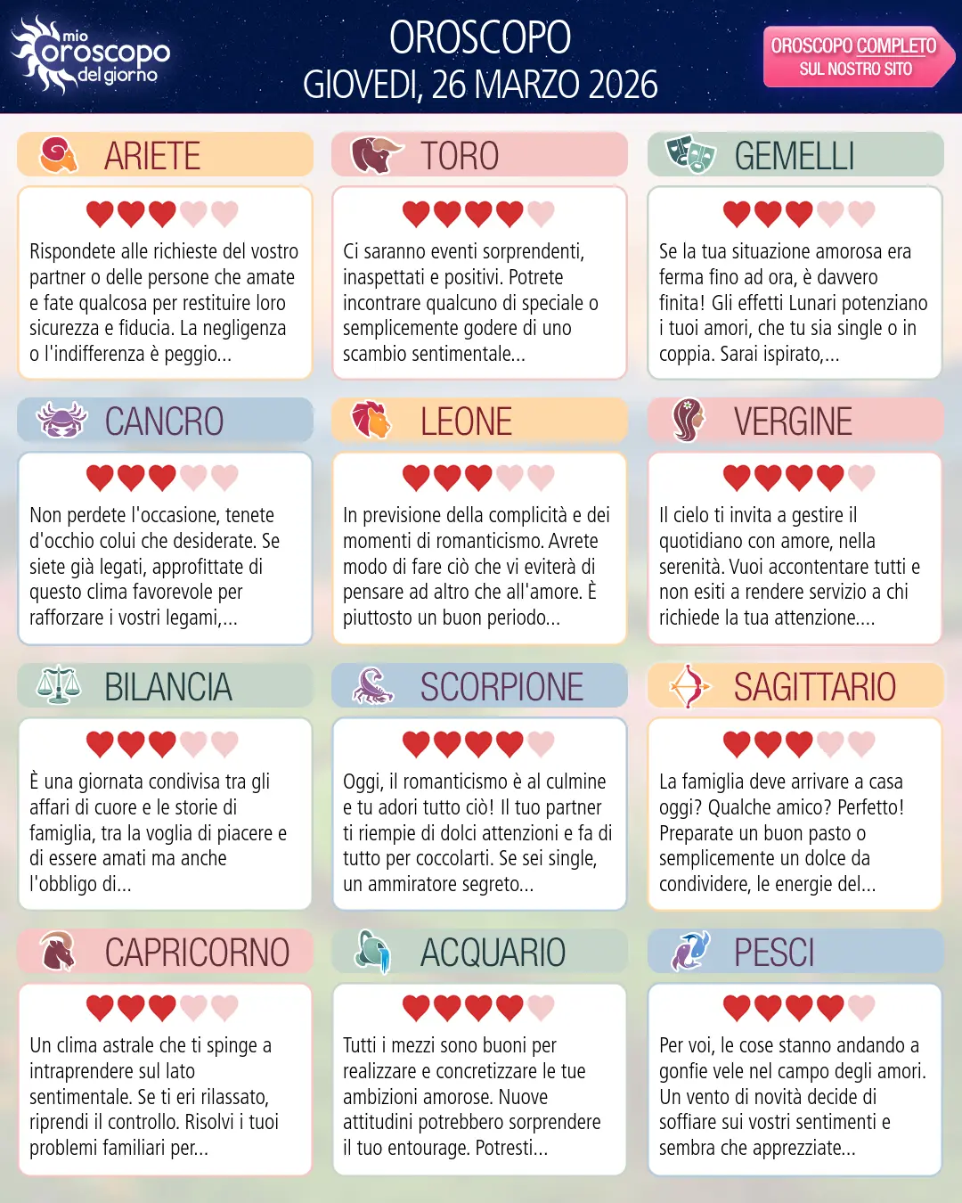 Oroscopo di giovedi 26 marzo 2026