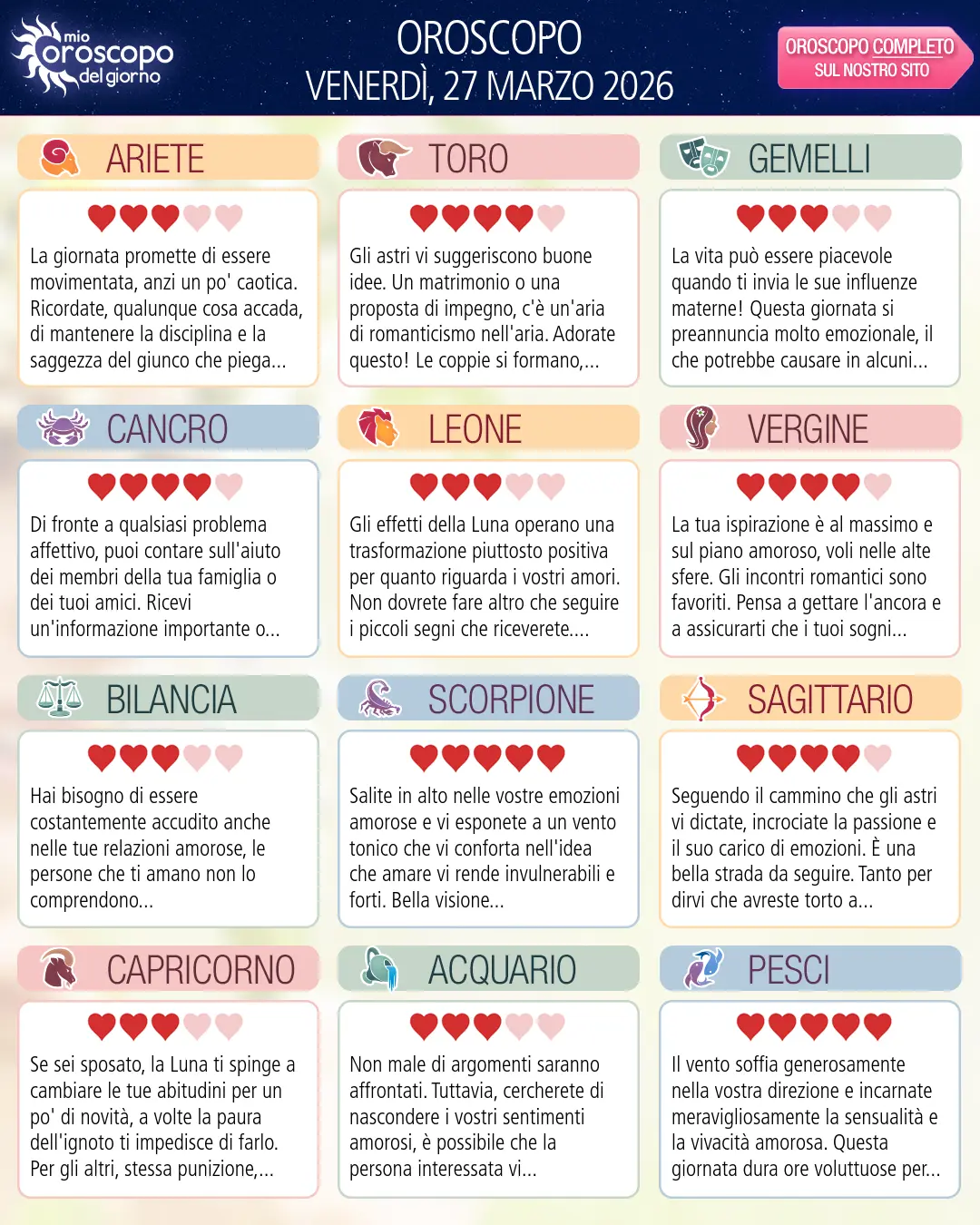 Oroscopo di venerdì 27 marzo 2026