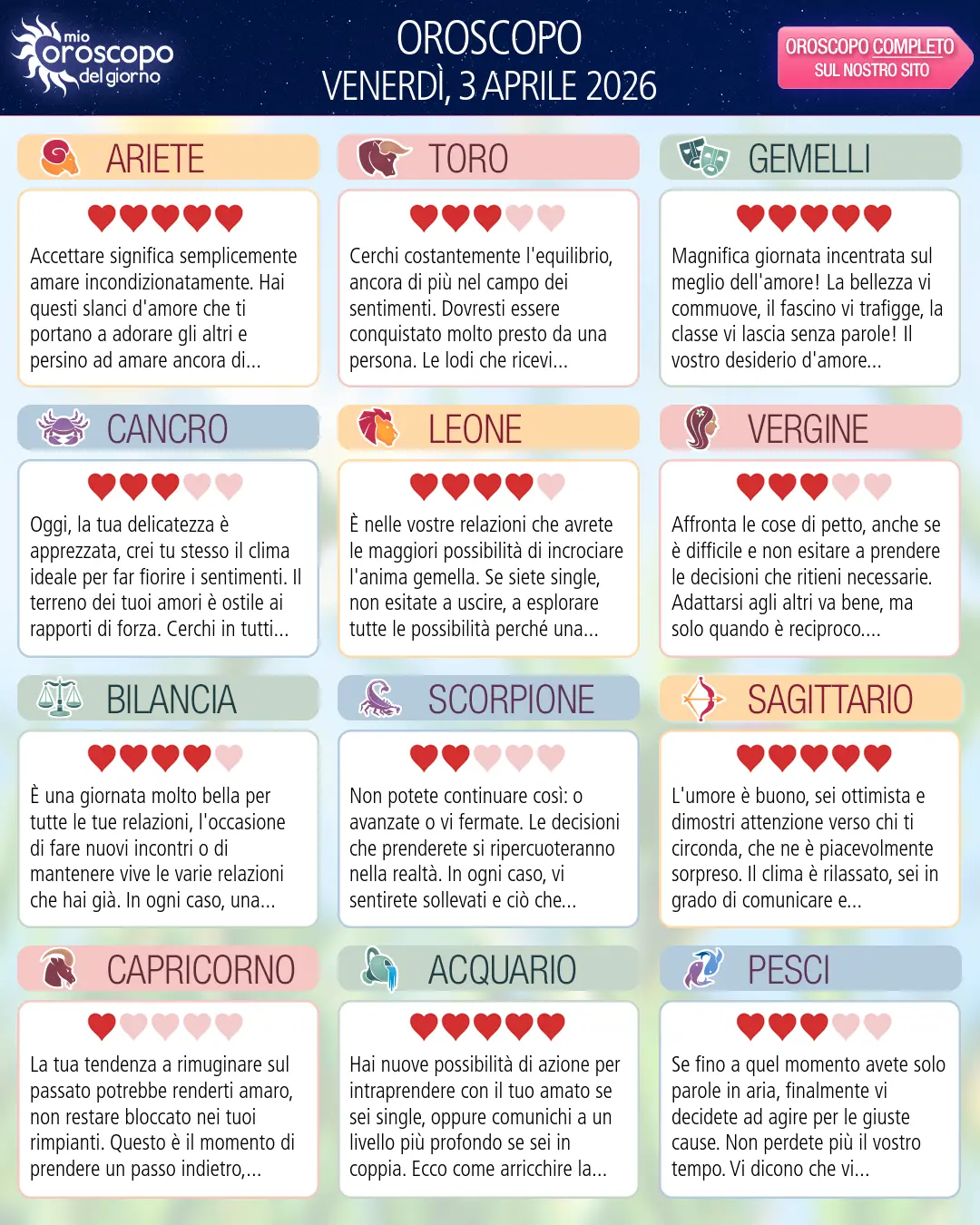 Oroscopo di venerdì 3 aprile 2026