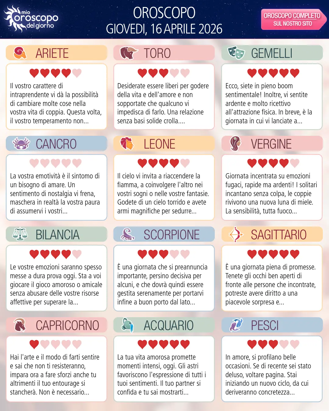 Oroscopo di giovedi 16 aprile 2026