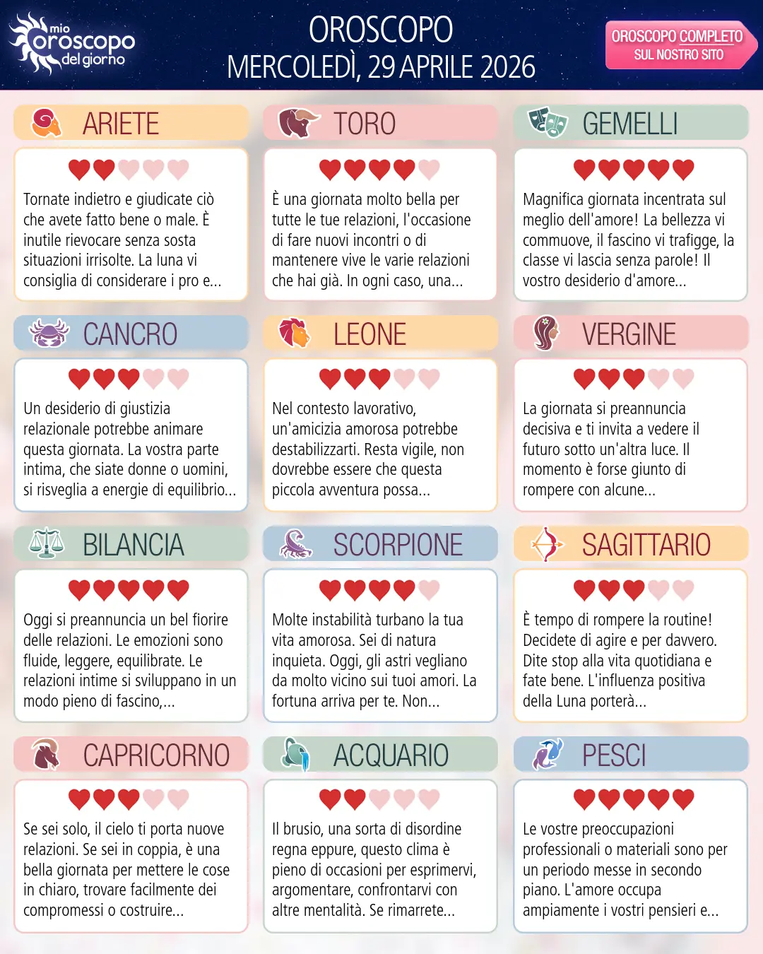 Oroscopo di mercoledì 29 aprile 2026