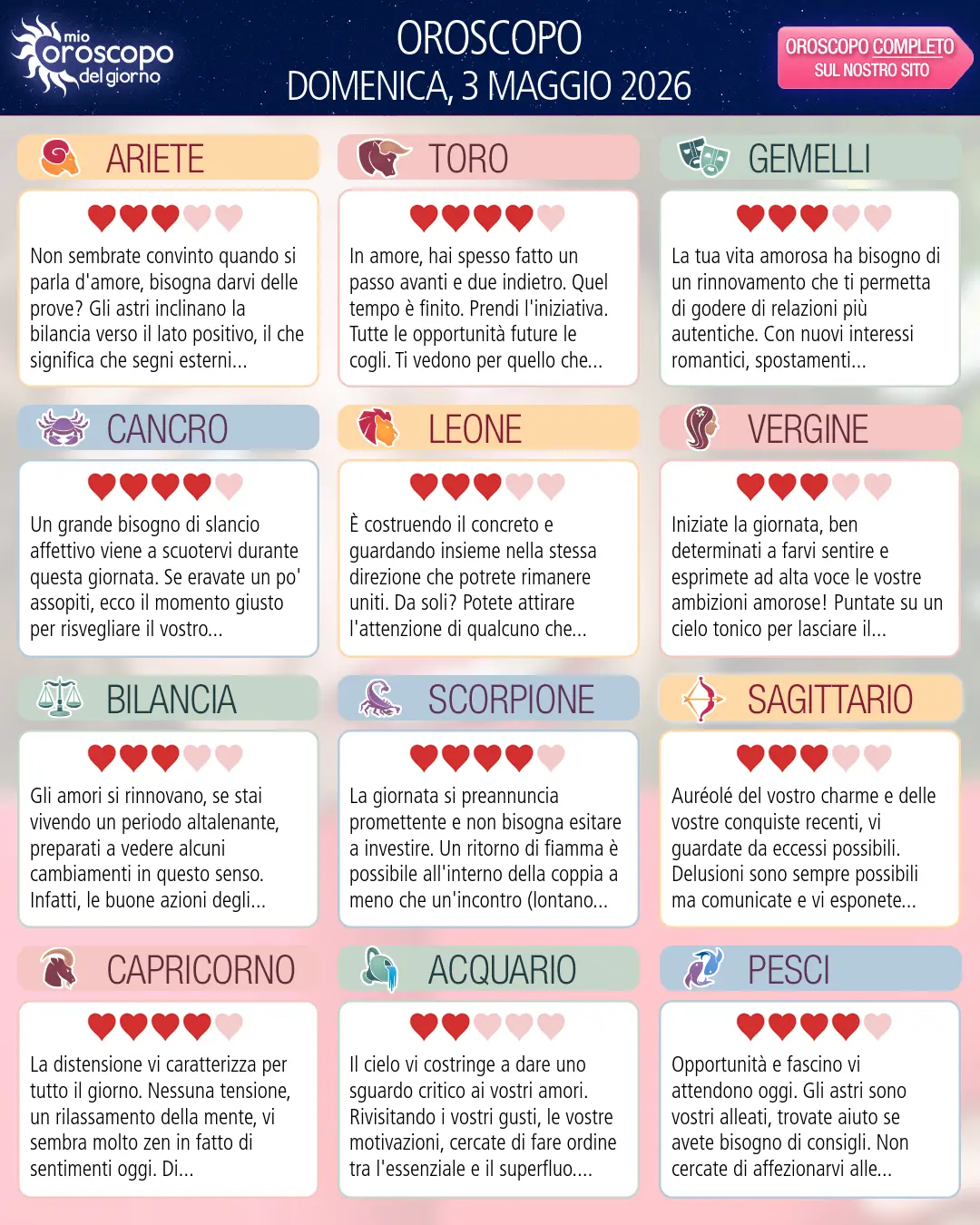 Oroscopo di domenica 3 maggio 2026
