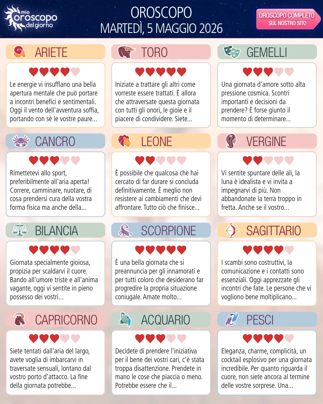 Oroscopo di martedì 5 maggio 2026
