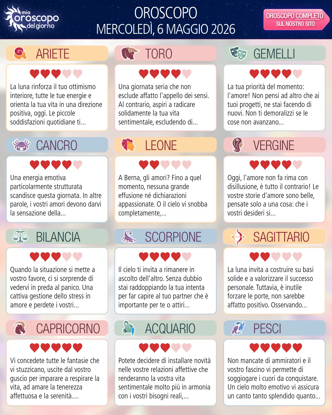 Oroscopo di mercoledì 6 maggio 2026