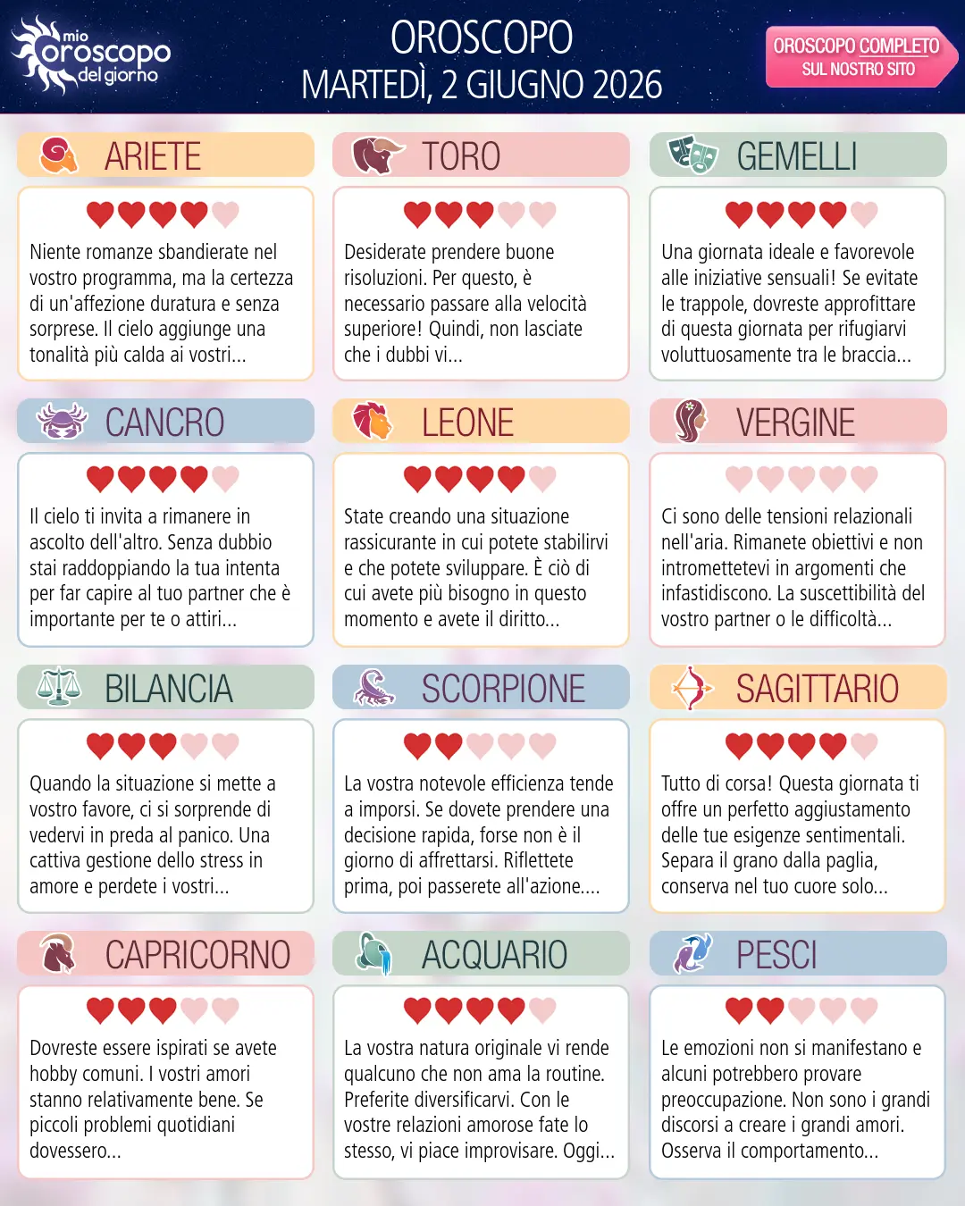 Oroscopo di martedì 2 giugno 2026