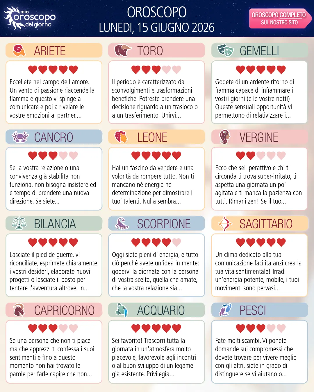 Oroscopo di lunedi 15 giugno 2026