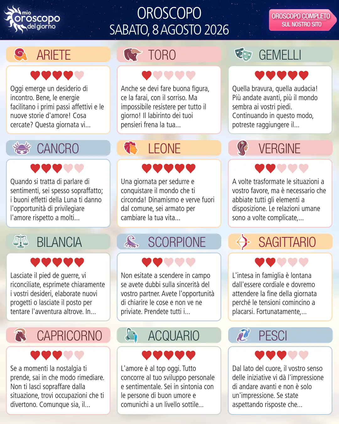 Oroscopo del Leone di oggi - 8 agosto 2026