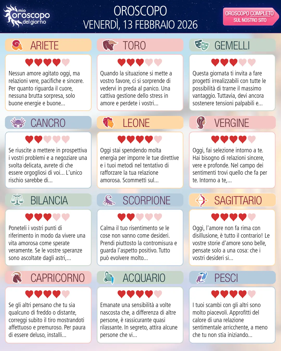 Oroscopo del Capricorno di oggi - 13 Febbraio 2026