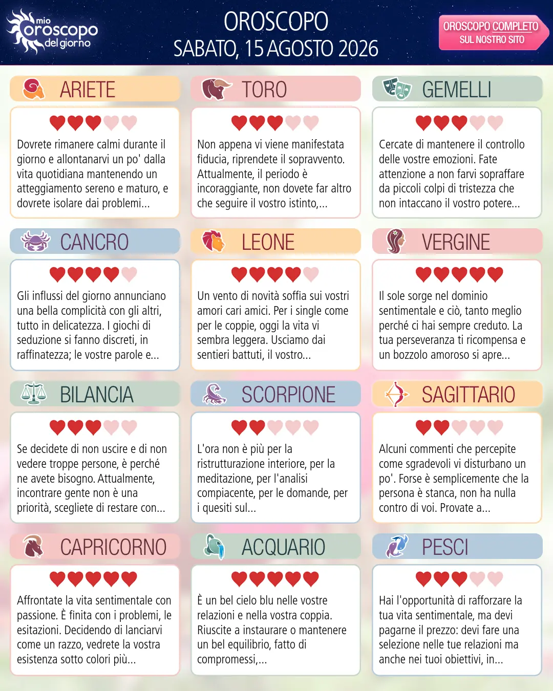 Oroscopo del Leone di oggi - 15 agosto 2026