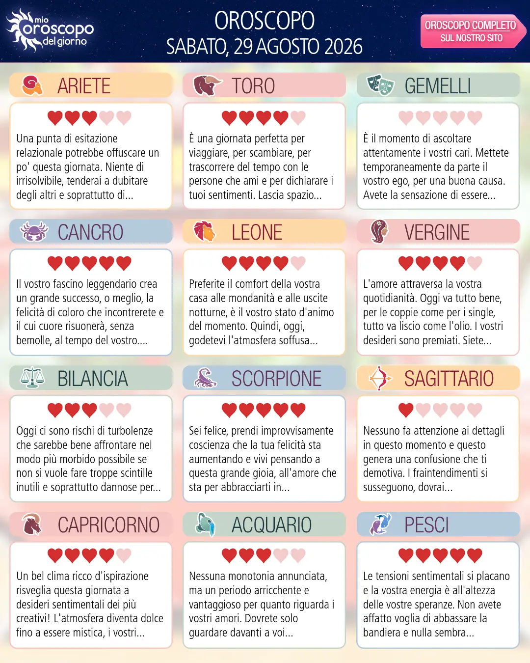 Oroscopo del Leone di oggi - 29 agosto 2026